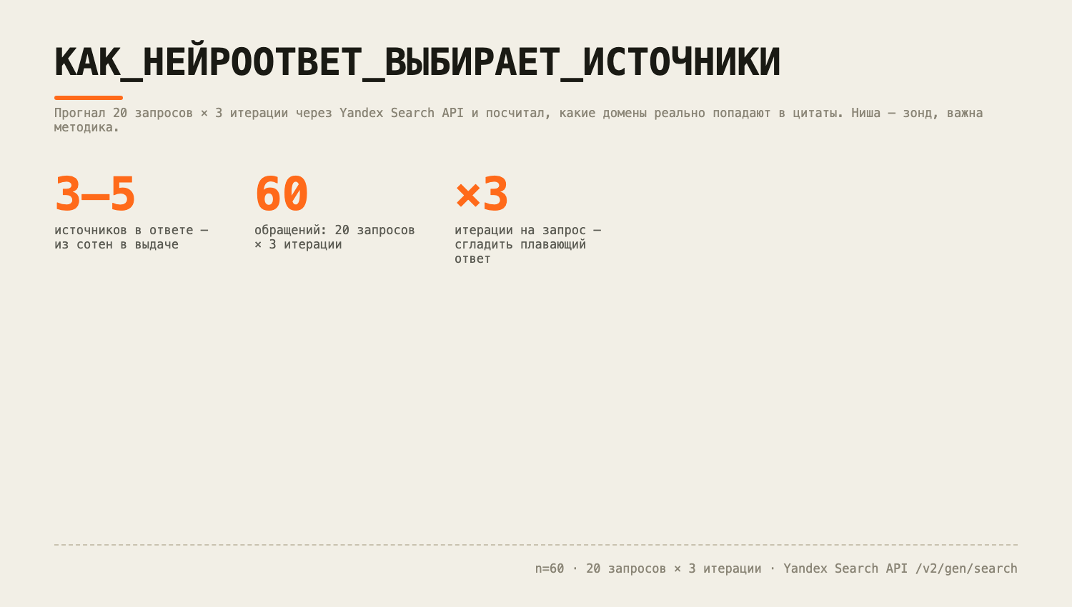 Как нейроответ Яндекса выбирает источники: прогнал 60 запросов через Search API и посчитал, что как - 1